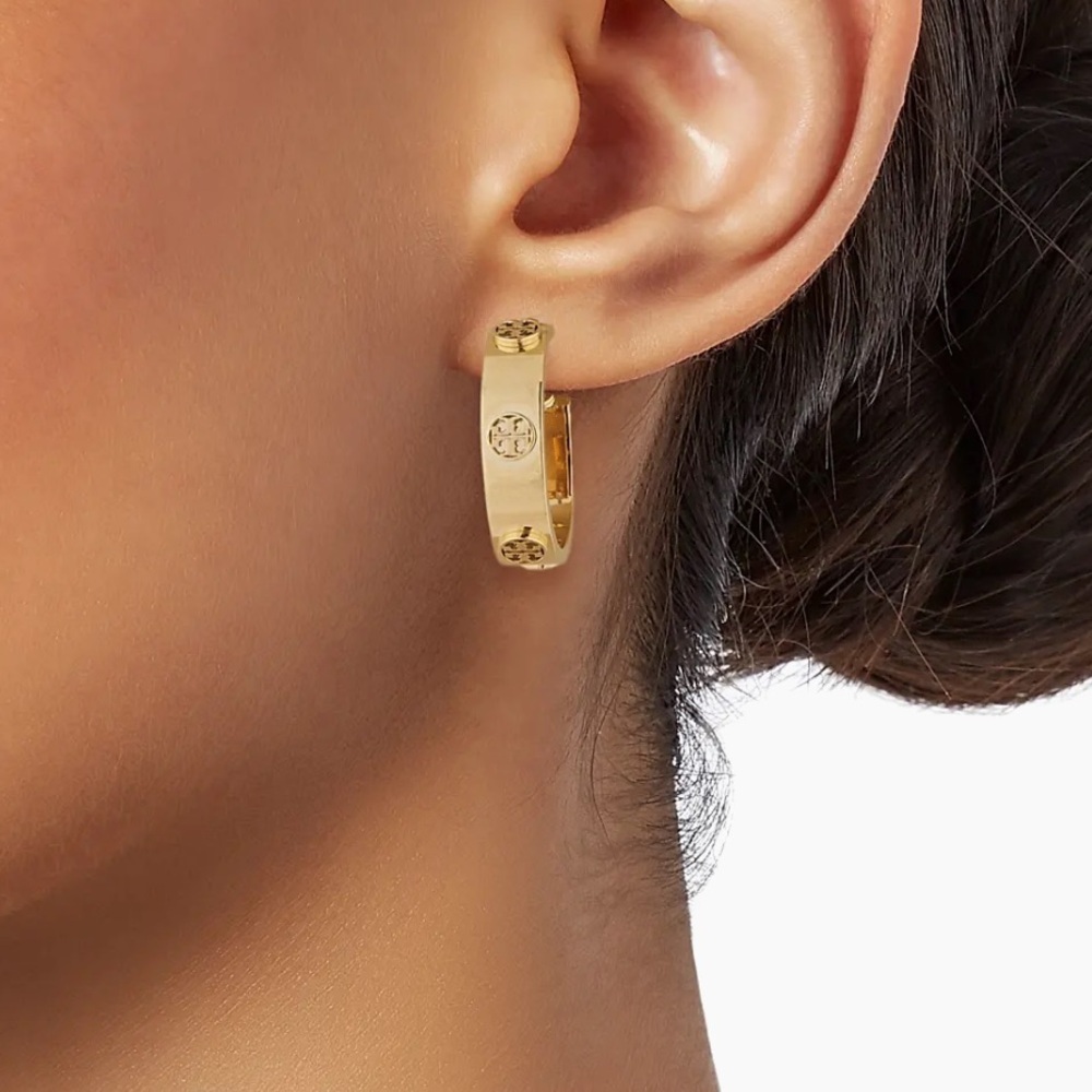 Tory Burch Miller Goldtone Logo Small Hoop Earrings - Picture 11 of 11